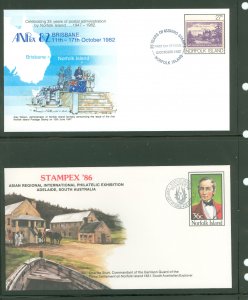 Norfolk Island  1982-86 2 different postal stationery. U/A. FDCs. Anpex 82. Stampex 86.