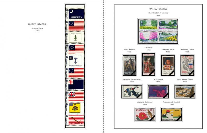 COLOR PRINTED U.S.A. 1966-1980 STAMP ALBUM PAGES (55 illustrated pages)