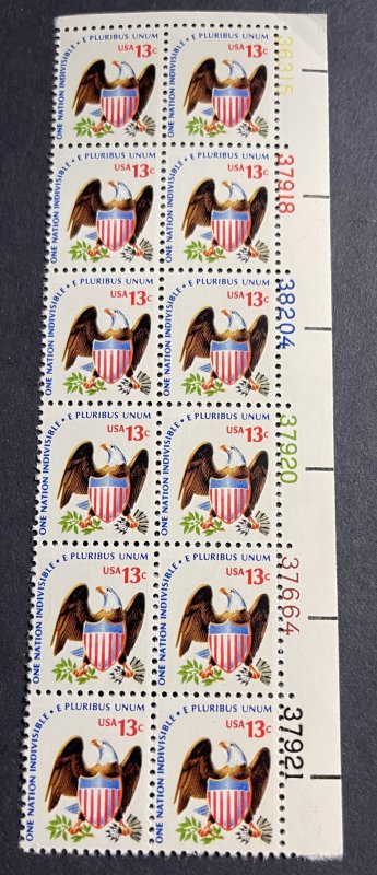 US 1975 13c e pluribus unum Eagle SC#1596 Plte Blk of 12, 6 numbers