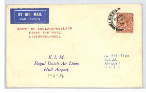 GB Air Mail Cover KLM FIRST FLIGHT Liverpool Hull 1934{samwells-covers}XT155