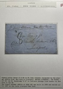 1859 St Johns Canada Cover To Liverpool England Via New York USA Unpaid