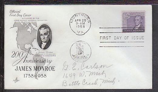 US James Monroe 1958 Artcraft Pencil FDC BIN