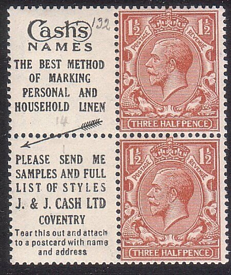 GB 1924 GV 1½d pair with adverts ex booklet - Cash's Linen - fine mint.....61969