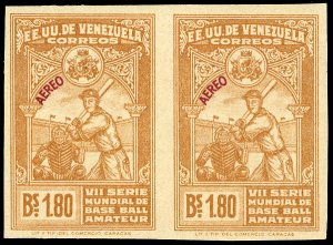 Venezuela #C189-977var, 1944 Baseball, set of nine imperf. horizontal pairs, ...