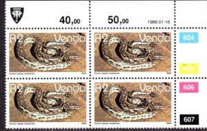 Venda - 1986 Reptiles R2 1986.01.16 Plate Block MNH** SG 138