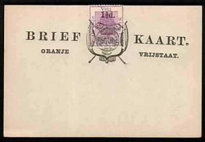 ORANGE FREE STATE 1½d on 2d on postcard opted Arms, unused.................33537