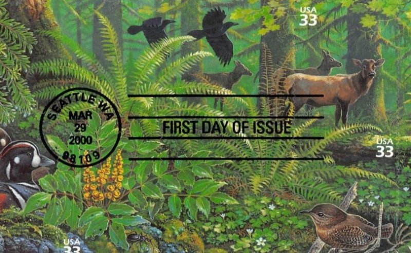 Sc 3378 Full Pane of 10 stamps, First Day Issue CXL March 29, 2000, lg envelope
