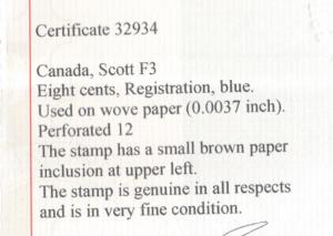 Canada #F3 Extra Fine Used **With Certificate**
