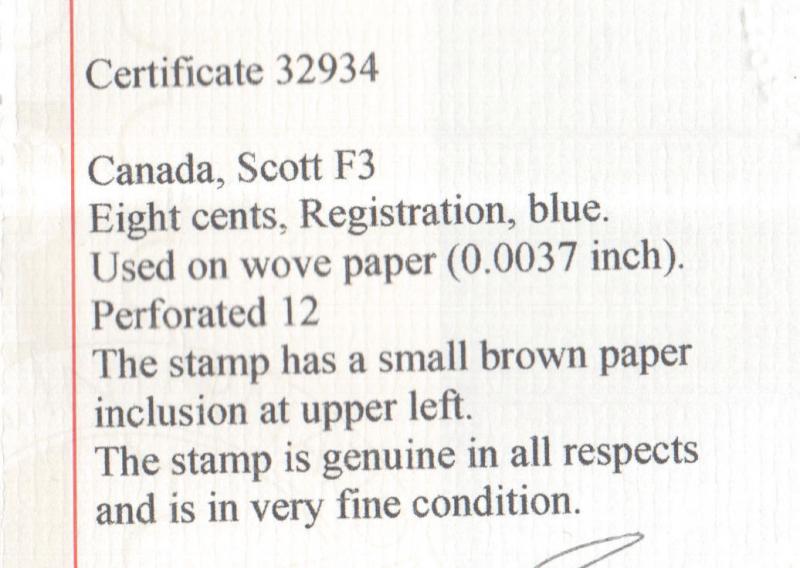 Canada #F3 Extra Fine Used **With Certificate**
