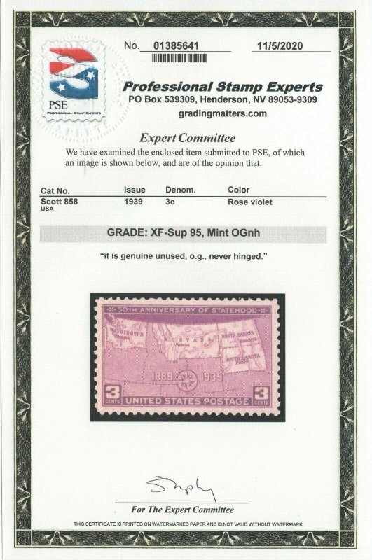 #858 Graded XF-Sup 95 MNH OG w/PSE cert.  (JH 12/4) GP