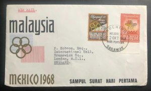 1968 Kuching Sarawak Malaysia First Day Cover FDC To England Mexico Olympics