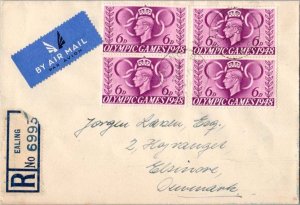 Great Britain 6d KGVI Olympic Games (4) 1948 Ealing Airmail Registered to Els...