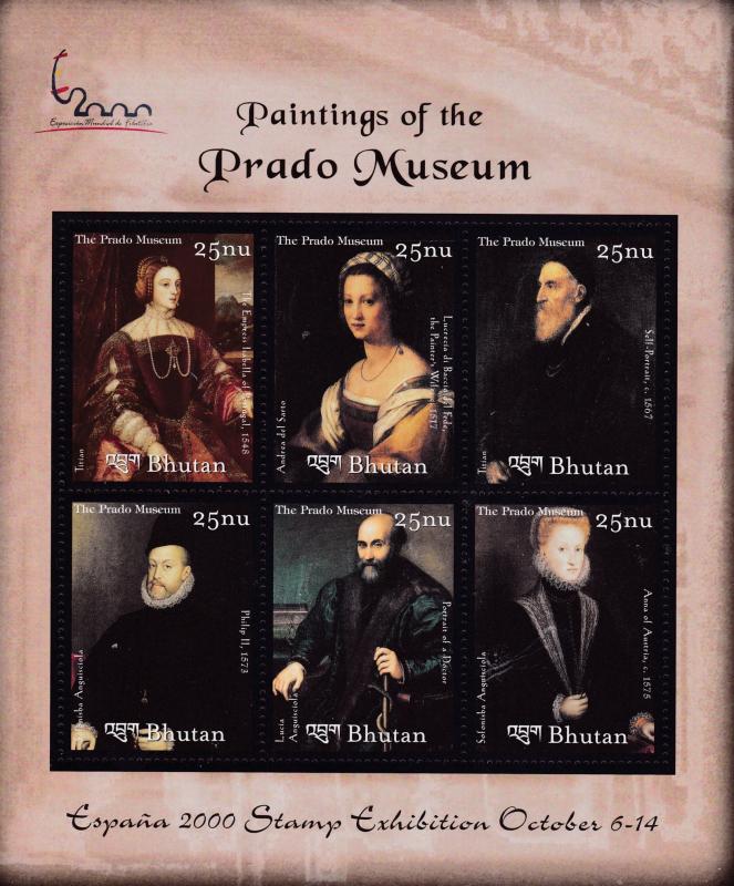 Bhutan 2000 Paintings From  Prado Museum All 6 Sheet forms. Beautiful ART VF/NH