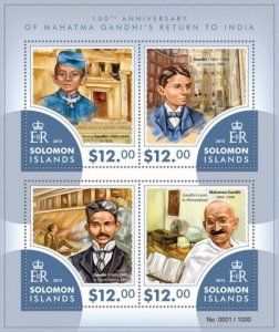 Solomon Islands - 2015 Mahatma Gandhi - 4 Stamp Sheet - 19M-855