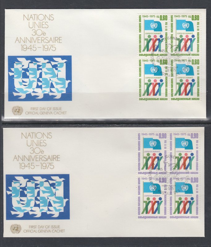 UN Geneva 50-51 Anniversary Blocks of Four Geneva U/A Set of Two FDC