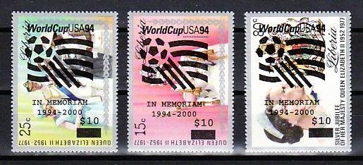 Liberia, L.U.R.D. 788-790 issue. World Soccer Cup, o/p on Queen`s values. ^