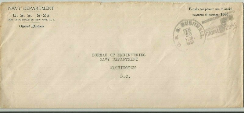 Submarine USS S-22 Naval Cover 1931 USS BUSHNELL CANAL ZONE