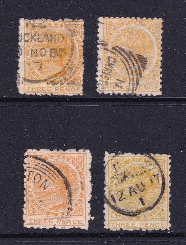 New Zealand x 4 QV 3d yellow from 1882 unsorted