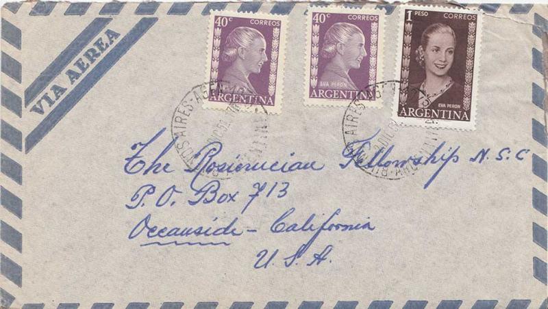 Argentina 40c (2) and 1P Eva Peron 1952 Buenos Aires 10/8, Argentina Airmail ...