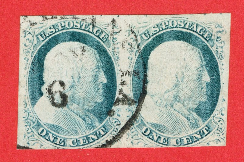 [0149] 1852 Scott#9 used pair 1c blue Franklin imperf.