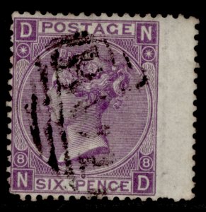 GB QV SG108, 6d dull violet plate 8, USED. Cat £38. B01 ALEXANDRIA ND