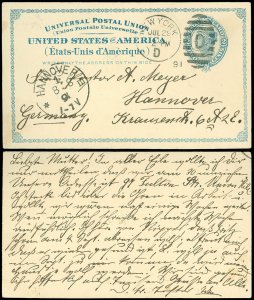 1891 #UX6 UPU Postal Card, NYC to HANNOVER GERMANY w Cancels, Minor Wear SCV $25