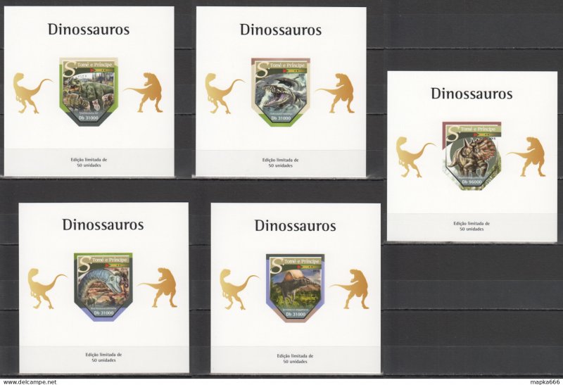 Lx444 Imperf 2015 S. Tome & Principe Animals Dinosaurs Uv Cardboard 5Bl Mnh