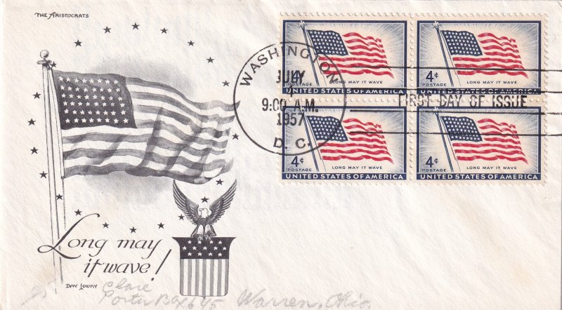 1957, 4c Flag, Block/4, Day Lowry, FDC (E11364)