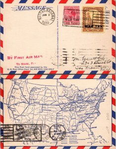 1929 BAHAMAS FIRST FLIGHT FAM 7 WITH WAR TAX STAMPS + MAP ON POSTCARD ( Posta...