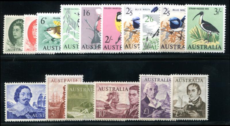 Australia 365-379 Mint NH, Birds and Explorers