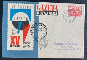 1963 Poznan Poland Balloon Flight Airmail Postcard Cover LAT 15th Anniversary