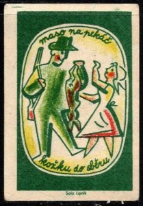 1960's Czech Poster Stamp (Match Box Label) Meat On A Roasting Pan Until...