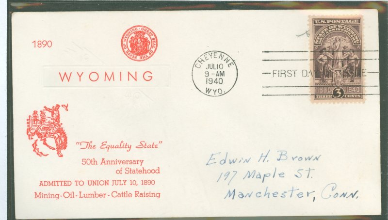 US 897 1940 50th anniv of Wyoming statehood on an addressed FDC with a cachet from an unknown publisher