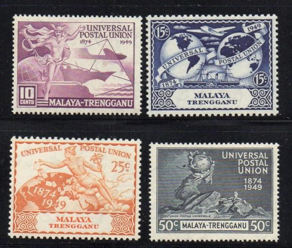 Malaya-Trengganu  Sc 49-52 1949 75th Anniversary UPU stamp set mint