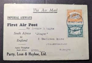 1932 South Africa Airmail First Flight Cover FFC Johannesburg to Scotland