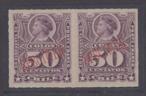 CHILE 1878-99 COLUMBUS Sc 34 LILAC PAIR RED SPECIMEN OVPT ON EACH STAMP MNH VF