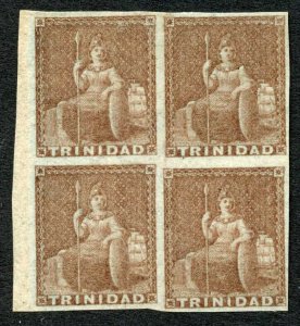 Trinidad 1851-5 (1d) purple-brown imperf BLOCK of 4 SG2 VFM cat 84 pounds