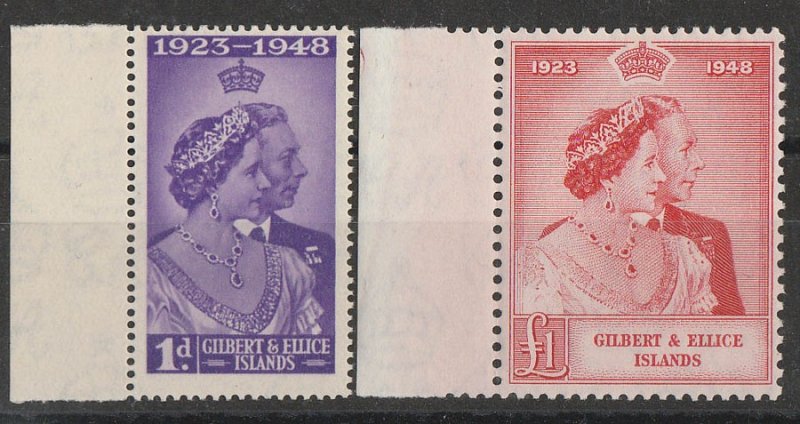 GILBERT & ELLICE ISLANDS : 1948 KGVI Silver Wedding set 1d & £1. MNH **. 