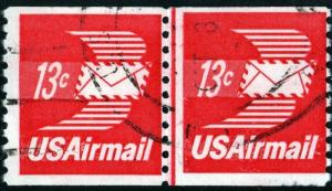 SC#C83 13¢ Winged Envelope Coil Line Pair (1973) Used