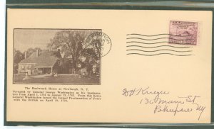 US 727 1933 3c Washington Headquarters (Peace Proclamation 1783) single on an addressed first day cover with a Stoutzenberg cach