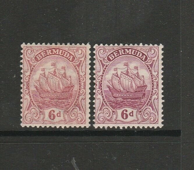 Bermuda 1910/25 ship Def, Crown CA 6d Both listed shades MM SG 50 & 50a