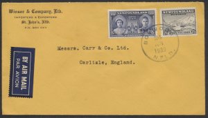 1939 Newfoundland to England Flight Cover Winsor & Co Importers St John's Cover