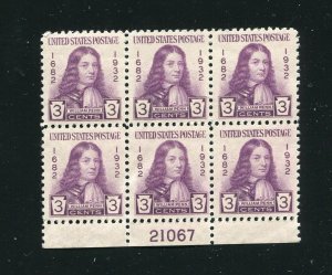 724 William Penn Plate Block of 6 3¢ Stamps MNH 1932