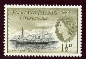 Falkland Is Deps 1962 QEII 1½d black & yellow-olive superb MNH. SG G28a.