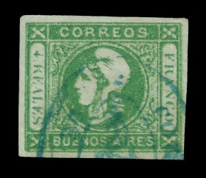 ARGENTINA 1859 Buenos Aires LIBERTY HEAD 4r gr,blue Sc# 9 KISSPRINT/Double print