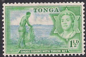 Tonga 1953 QE2 1 1/2d Green Shore Fishing MM SG 102 ( L1163 )