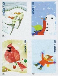 2014 49c Winter Fun, Snowman, Cardinal, Booklet Block of 4 Scott 4937-40 Imperf.