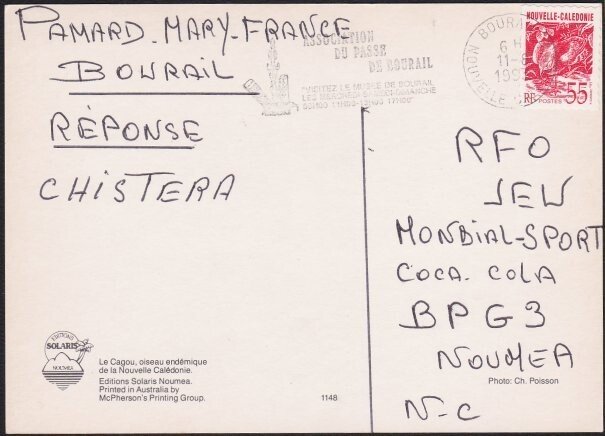 FRENCH POLYNESIA 1993 postcard to Noumea - BOURAIL slogan pmk..............D3116