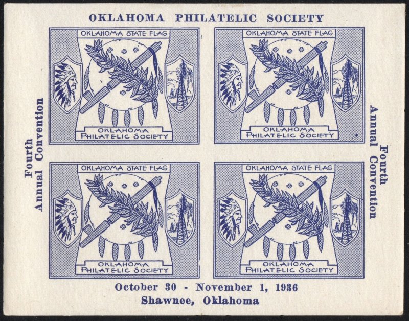 Oklahoma Philatelic Society Souvenir Sheet; 4th Annual Convention (1936) OG