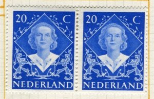 NETHERLANDS; 1948 early Coronation issue Mint hinged Pair 20c.